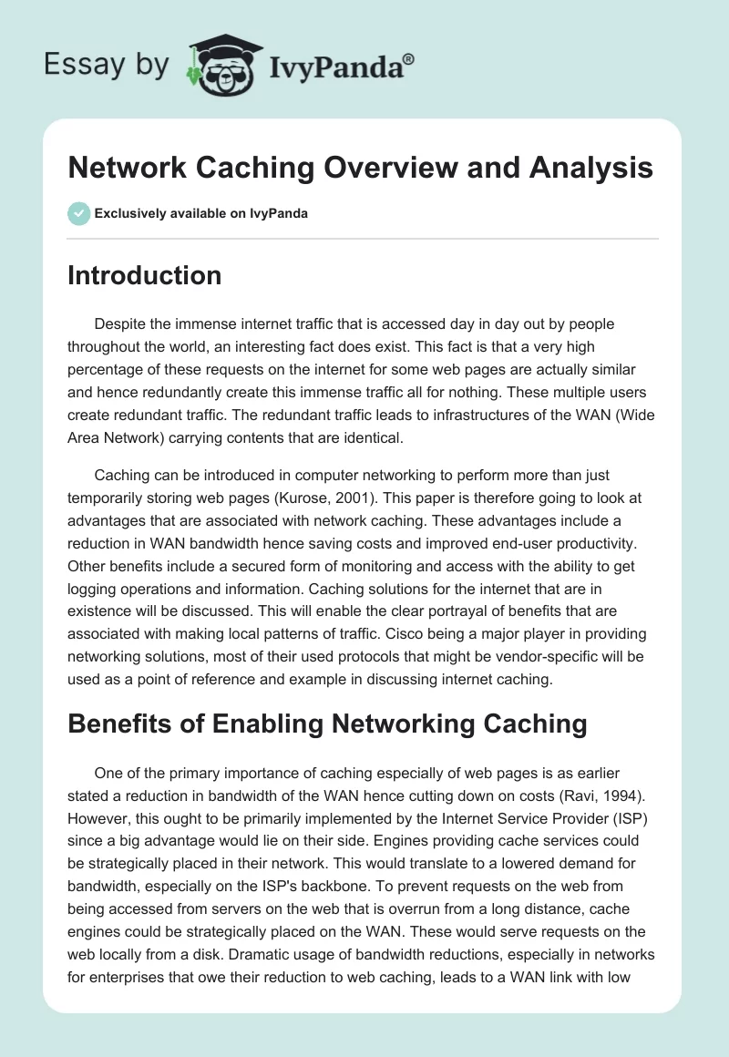Network Caching Overview and Analysis. Page 1