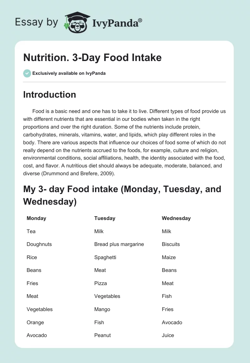 Nutrition. 3-Day Food Intake. Page 1