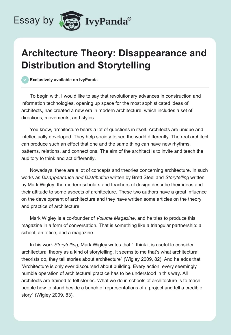 Architecture Theory: "Disappearance and Distribution" and "Storytelling". Page 1