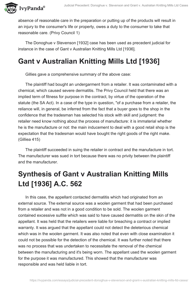 Judicial Precedent: Donoghue v. Stevenson and Grant v. Australian Knitting Mills Ltd Cases. Page 2
