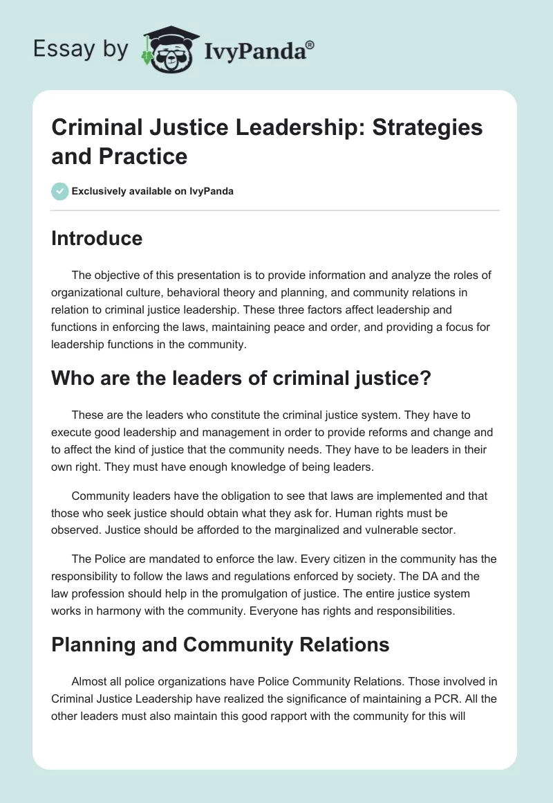 Criminal Justice Leadership: Strategies and Practice. Page 1