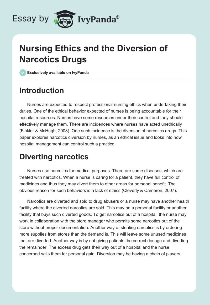 Nursing Ethics and the Diversion of Narcotics Drugs. Page 1