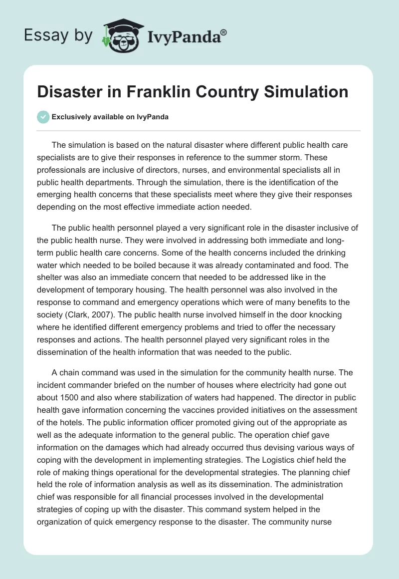 Disaster in Franklin Country Simulation. Page 1