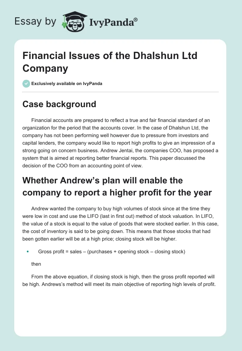 Financial Issues of the Dhalshun Ltd Company. Page 1