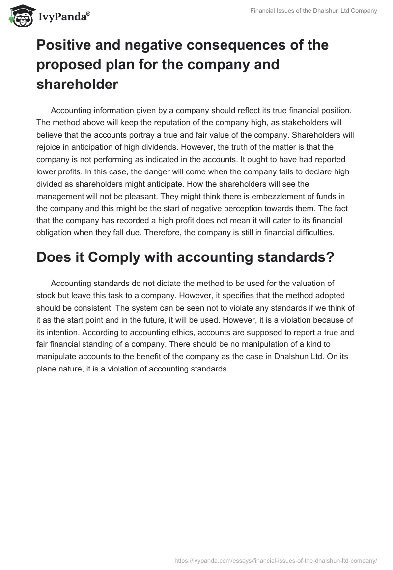 Financial Issues of the Dhalshun Ltd Company. Page 2
