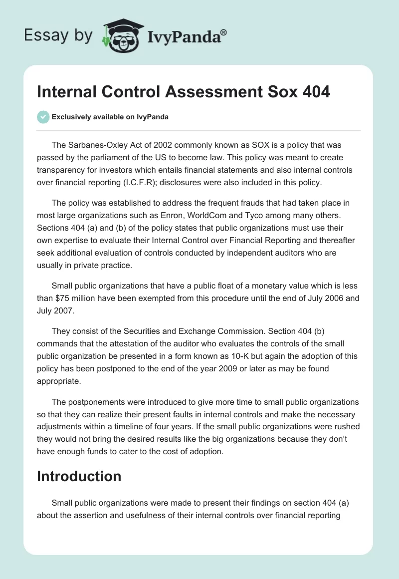 Internal Control Assessment Sox 404. Page 1