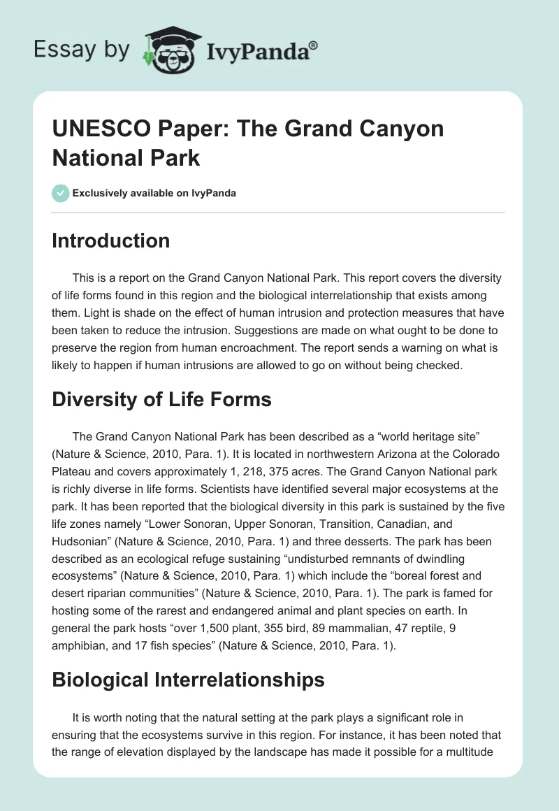 UNESCO Paper: The Grand Canyon National Park. Page 1