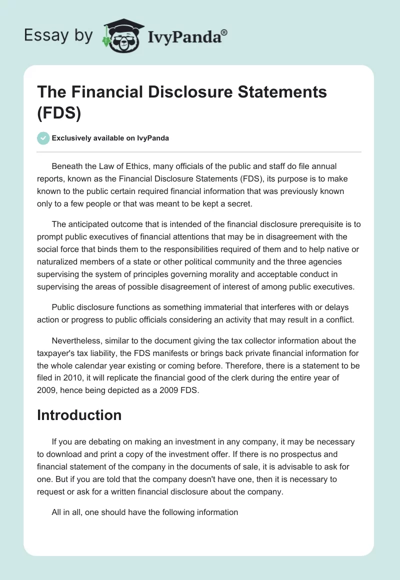The Financial Disclosure Statements (FDS). Page 1