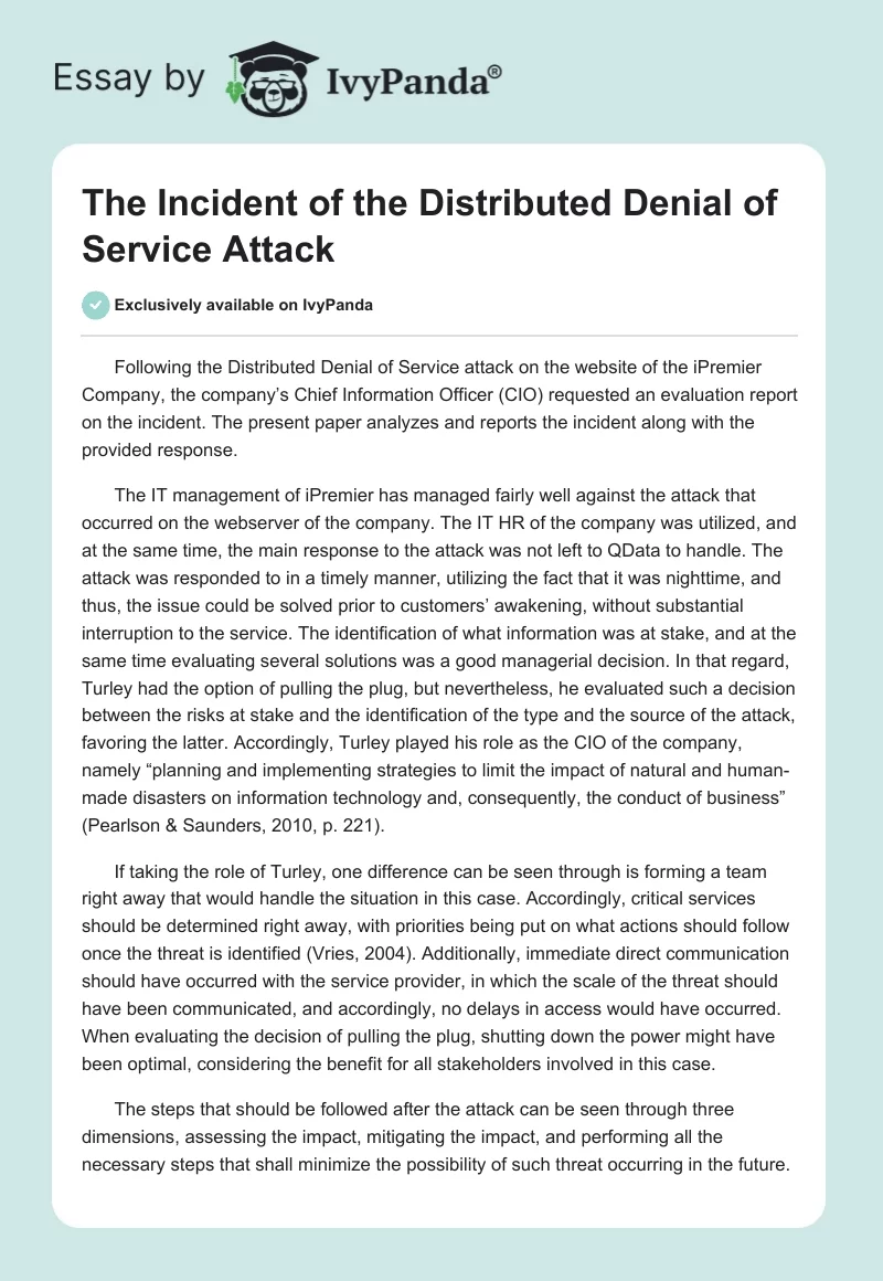 The Incident of the Distributed Denial of Service Attack. Page 1