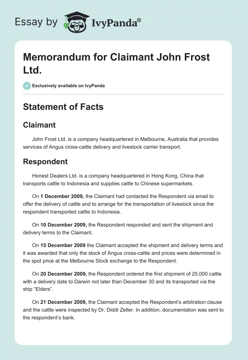 Memorandum for Claimant John Frost Ltd.. Page 1
