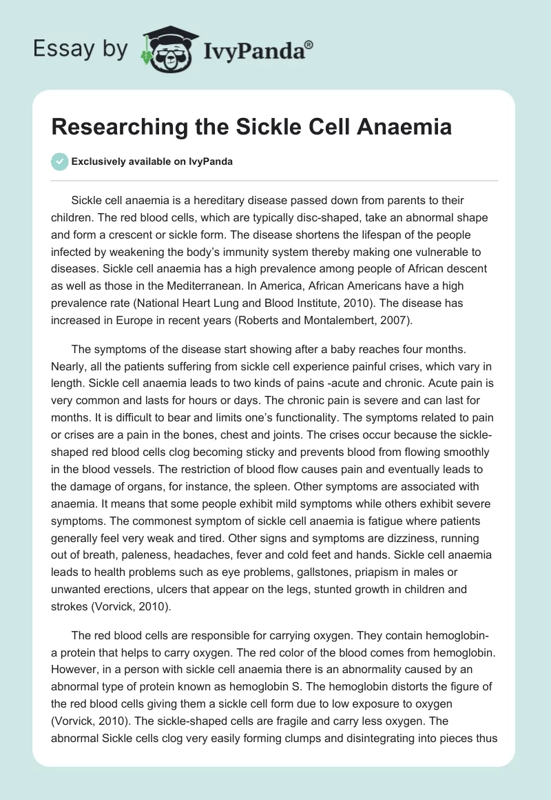 Researching the Sickle Cell Anaemia. Page 1