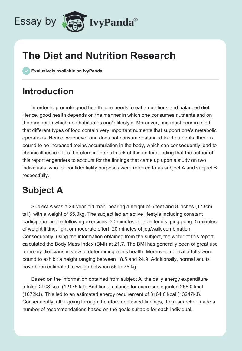 The Diet and Nutrition Research. Page 1