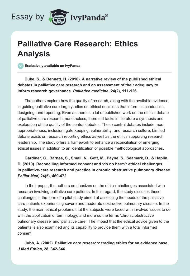 Palliative Care Research: Ethics Analysis. Page 1