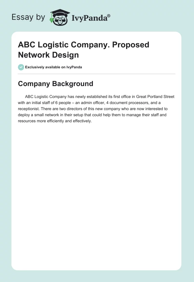 ABC Logistic Company. Proposed Network Design. Page 1
