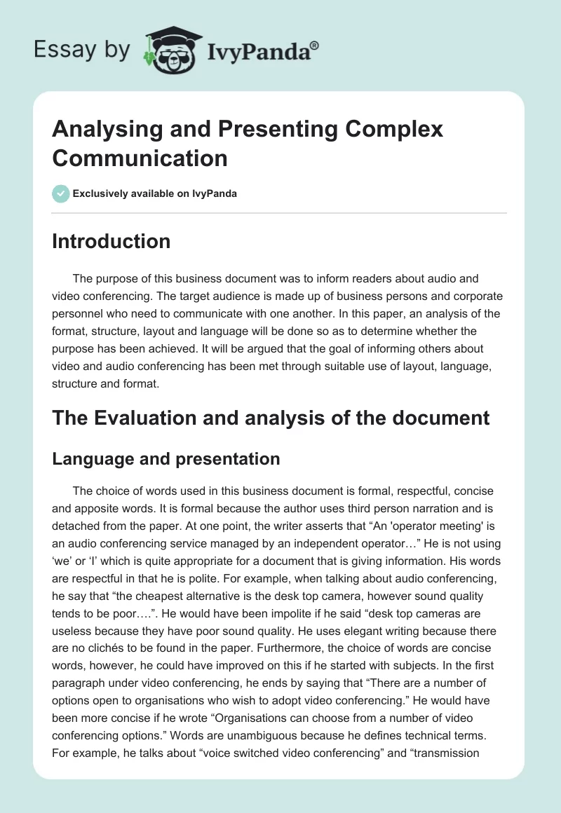 Analysing and Presenting Complex Communication. Page 1