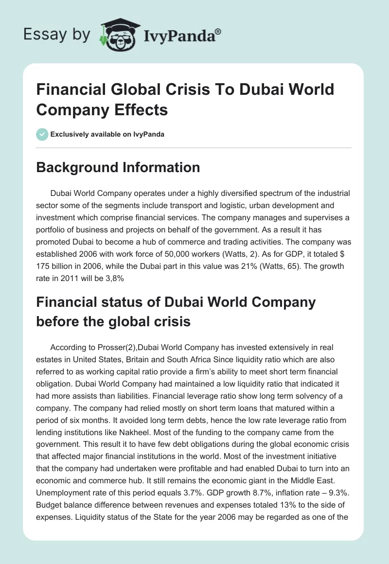 Financial Global Crisis To Dubai World Company Effects. Page 1