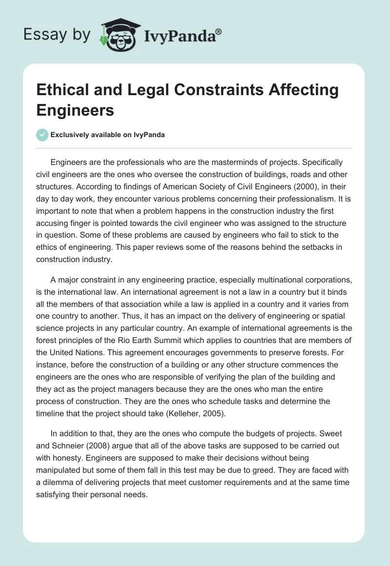 Ethical and Legal Constraints Affecting Engineers. Page 1