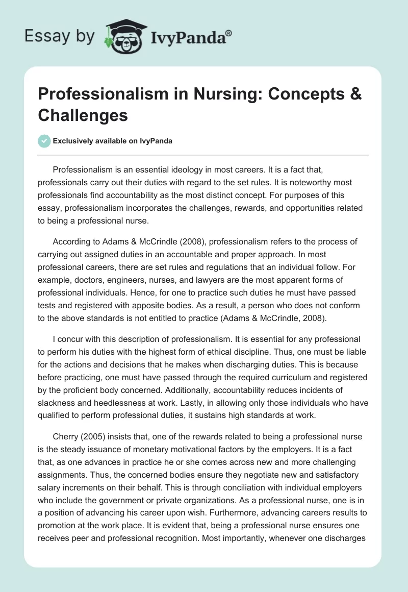 Professionalism in Nursing: Concepts & Challenges. Page 1