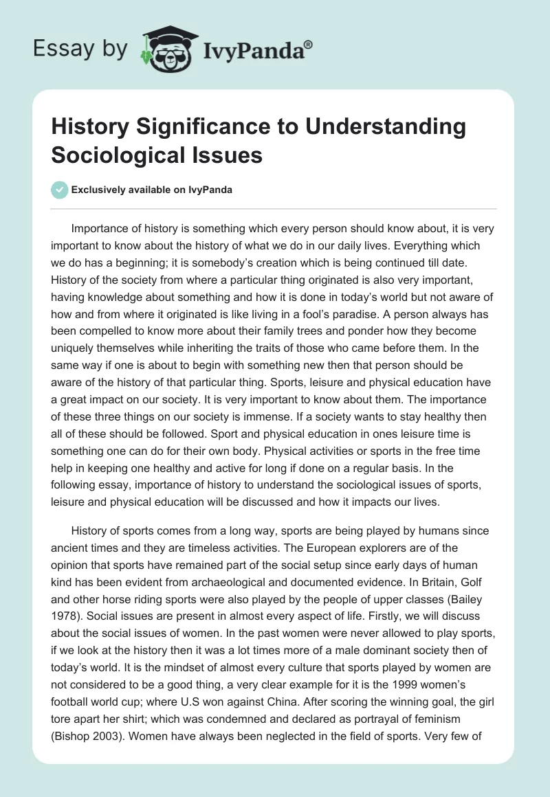 History Significance to Understanding Sociological Issues. Page 1