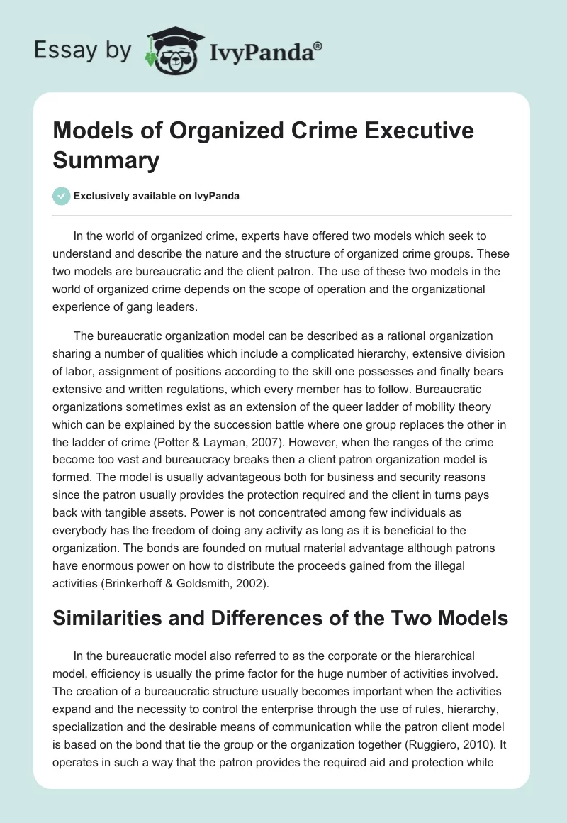 Models of Organized Crime Executive Summary. Page 1