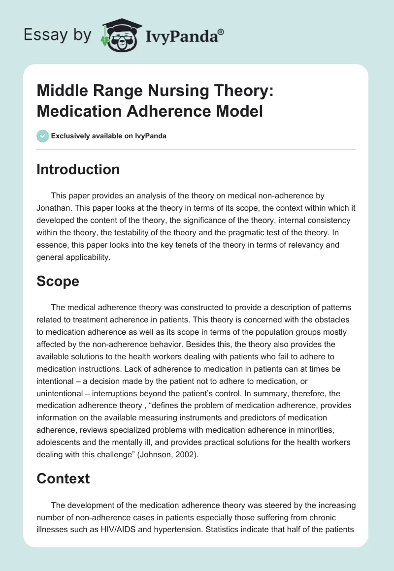Middle Range Nursing Theory: Medication Adherence Model. Page 1