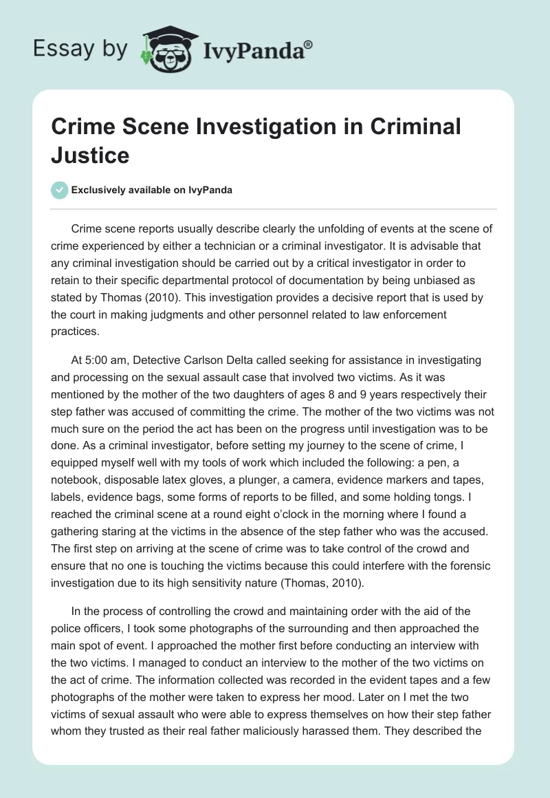 Crime Scene Investigation in Criminal Justice. Page 1