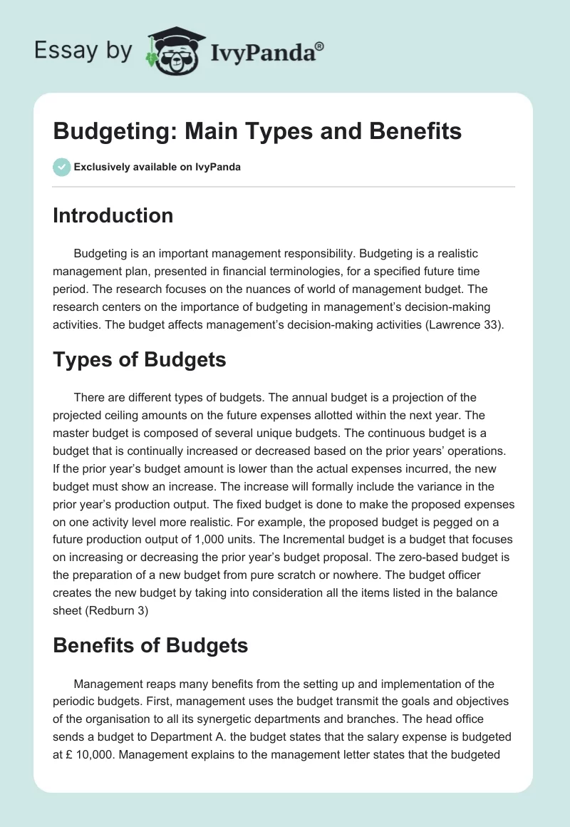 Budgeting: Main Types and Benefits. Page 1