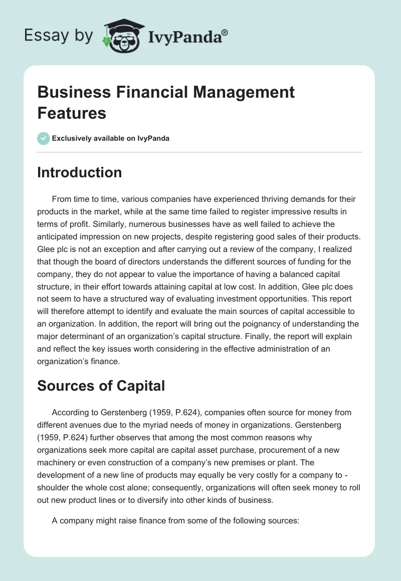 Business Financial Management Features. Page 1
