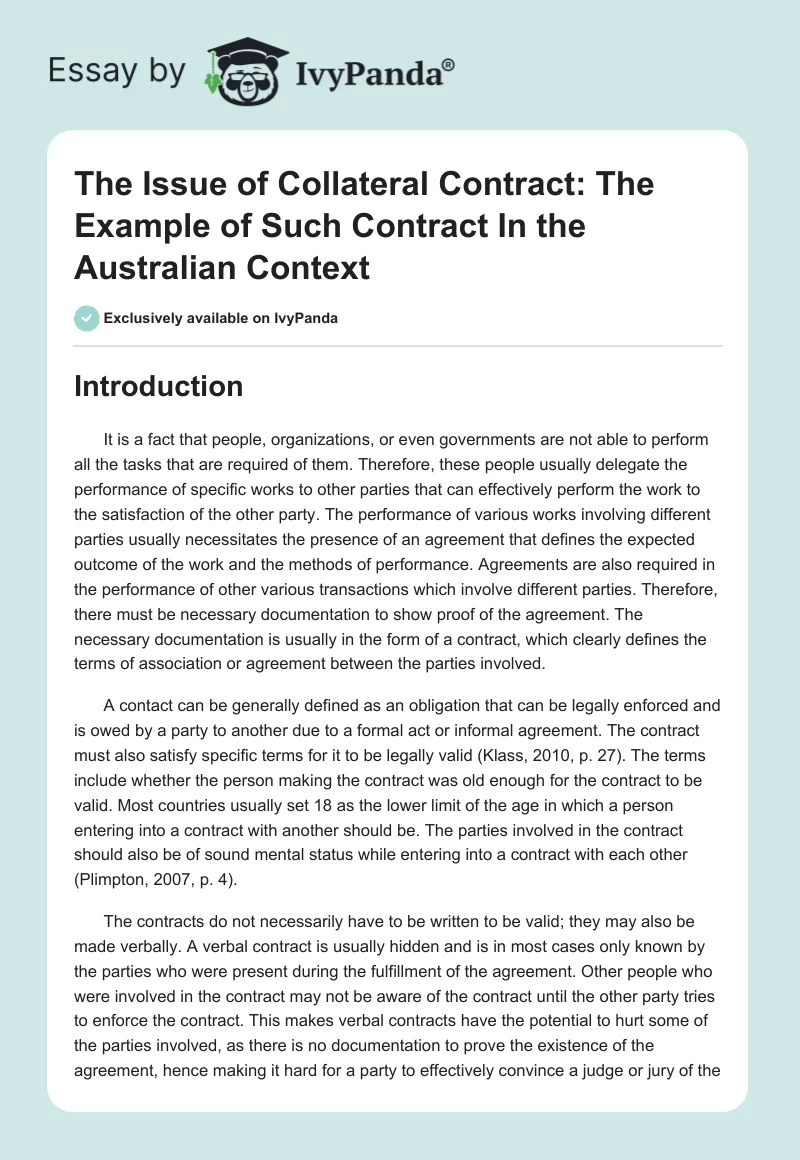 The Issue of Collateral Contract: The Example of Such Contract In the Australian Context. Page 1