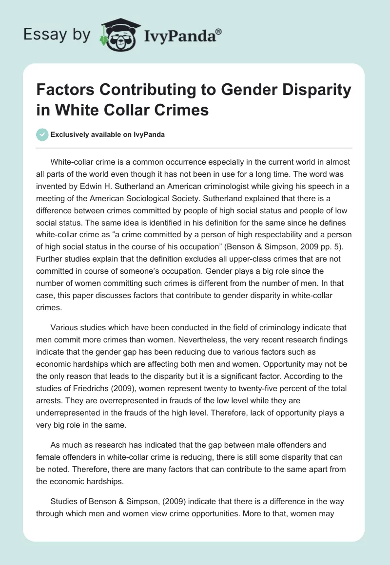 Factors Contributing to Gender Disparity in White Collar Crimes. Page 1