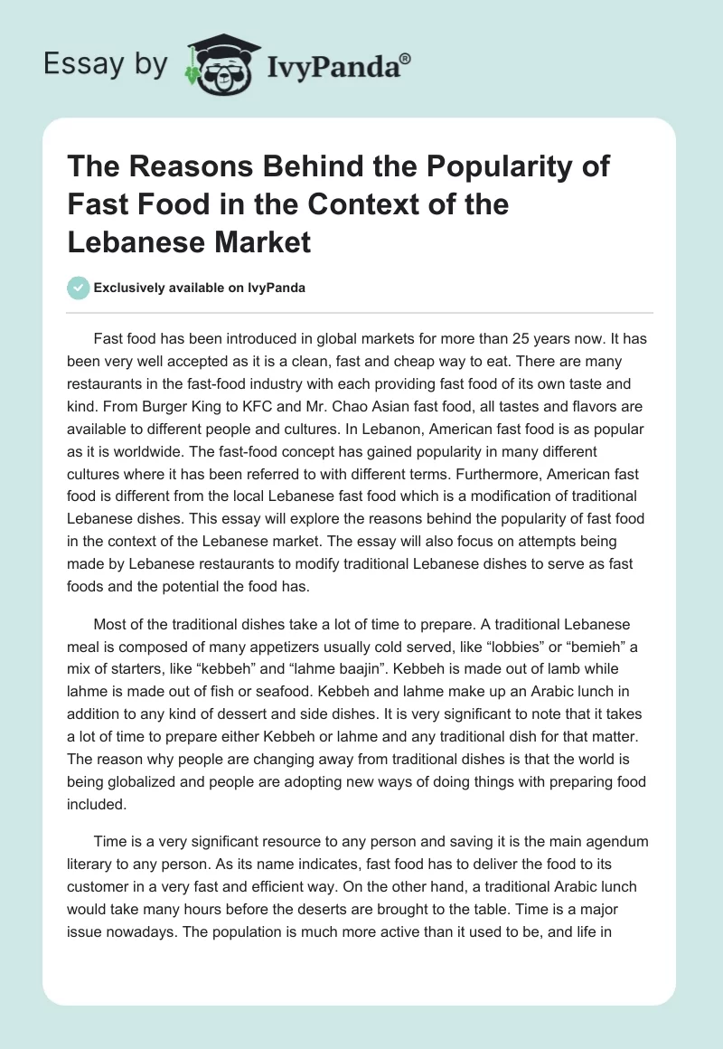 The Reasons Behind the Popularity of Fast Food in the Context of the Lebanese Market. Page 1