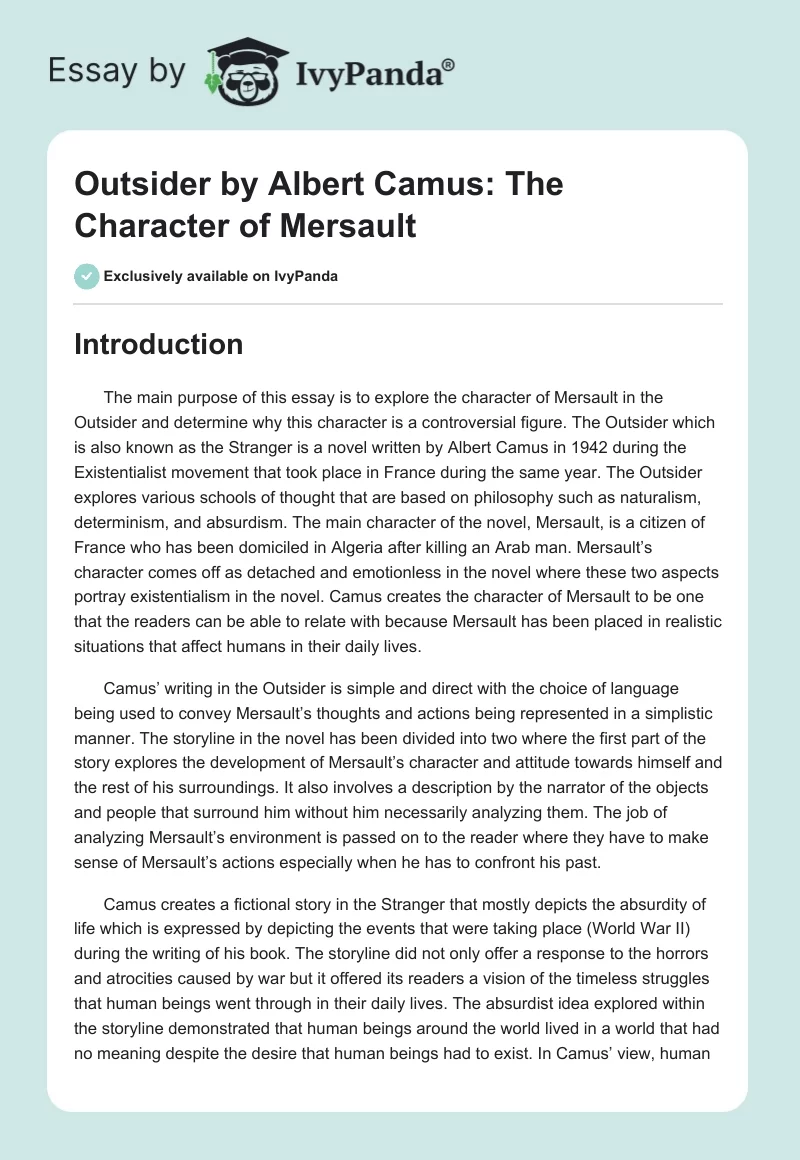 "Outsider" by Albert Camus: The Character of Mersault. Page 1