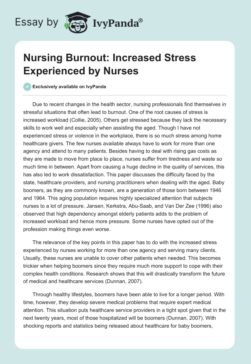 Nursing Burnout: Increased Stress Experienced by Nurses. Page 1