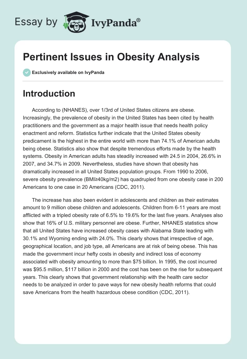 Pertinent Issues in Obesity Analysis. Page 1
