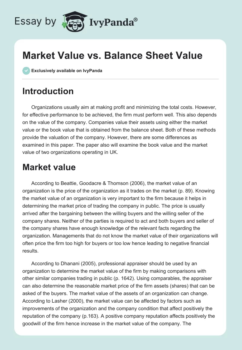 Market Value vs. Balance Sheet Value. Page 1