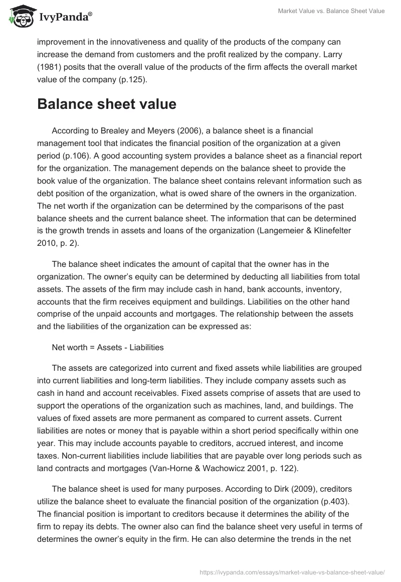 Market Value vs. Balance Sheet Value. Page 2