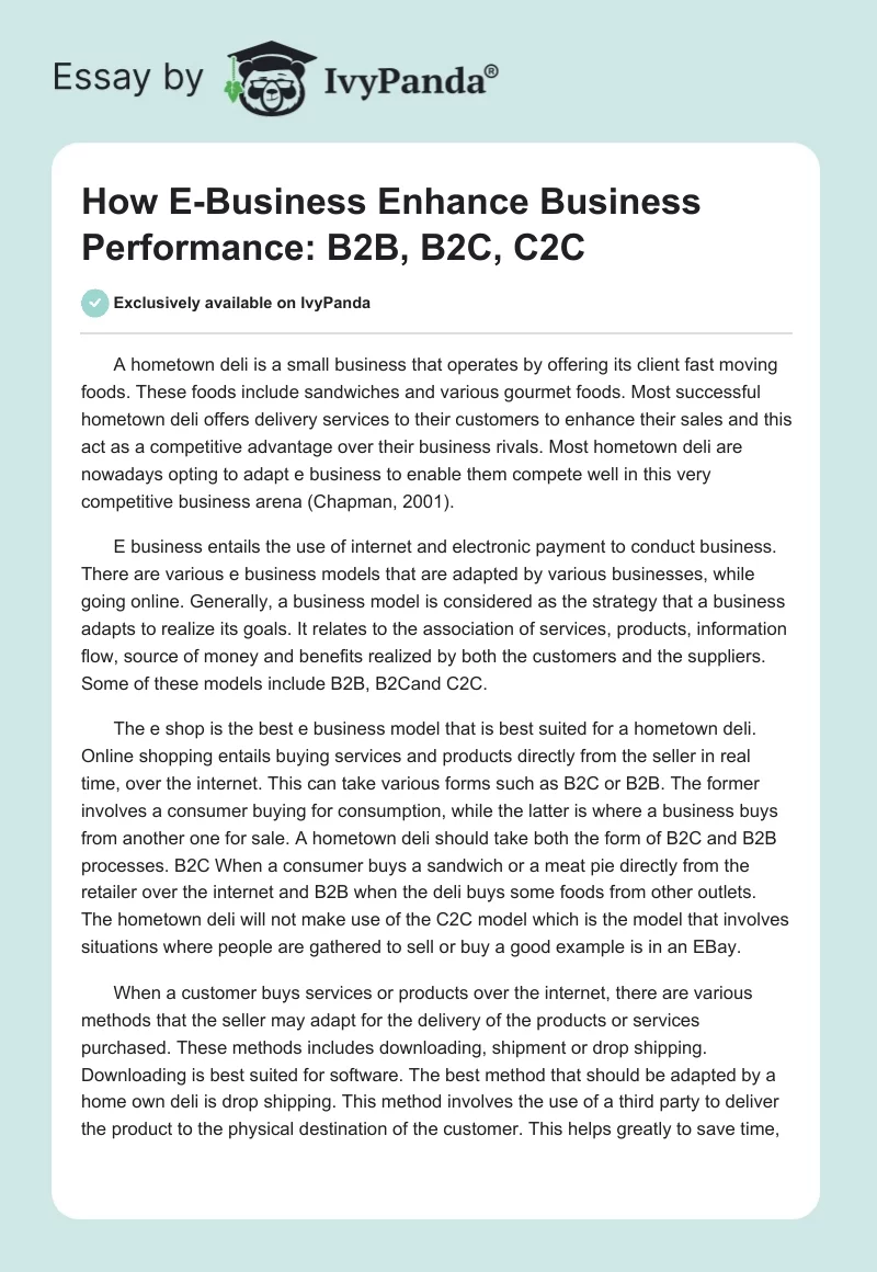 How E-Business Enhance Business Performance: B2B, B2C, C2C. Page 1