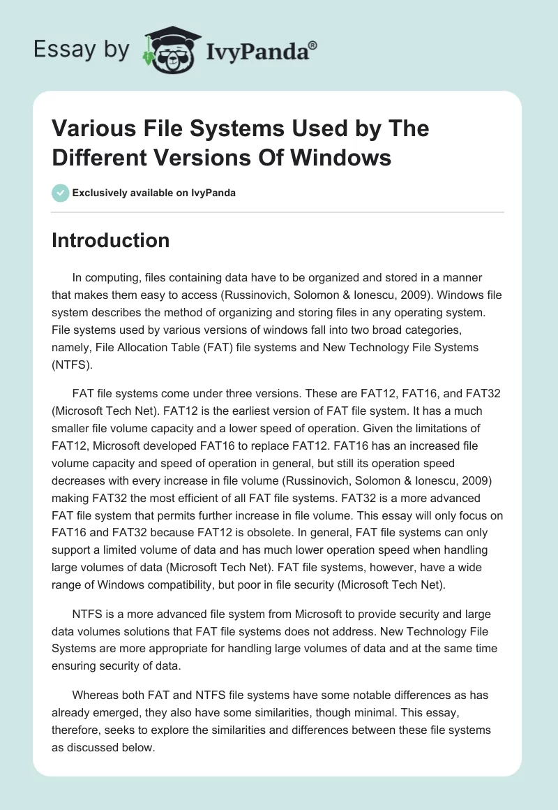 Various File Systems Used by The Different Versions Of Windows. Page 1