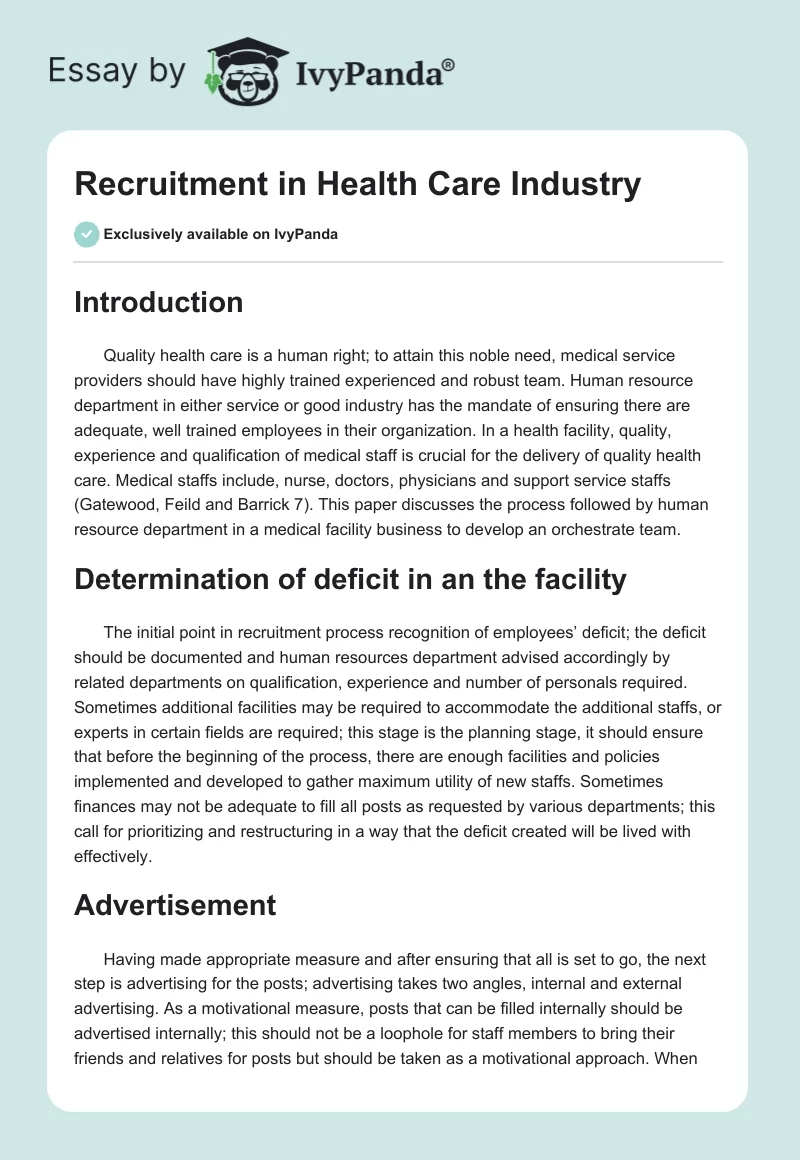 Recruitment in Health Care Industry. Page 1
