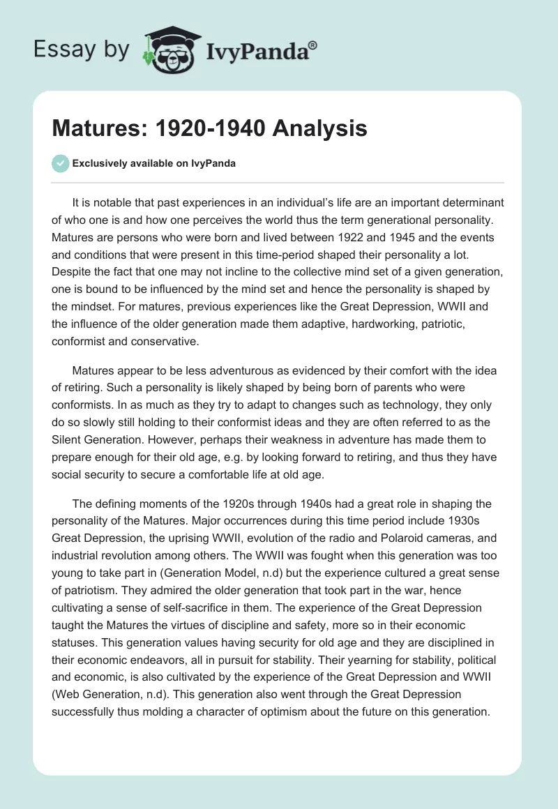 Matures: 1920-1940 Analysis. Page 1