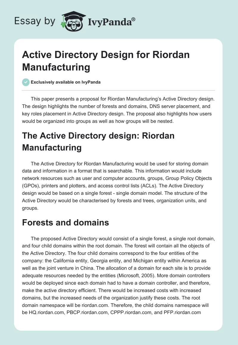 Active Directory Design for Riordan Manufacturing. Page 1