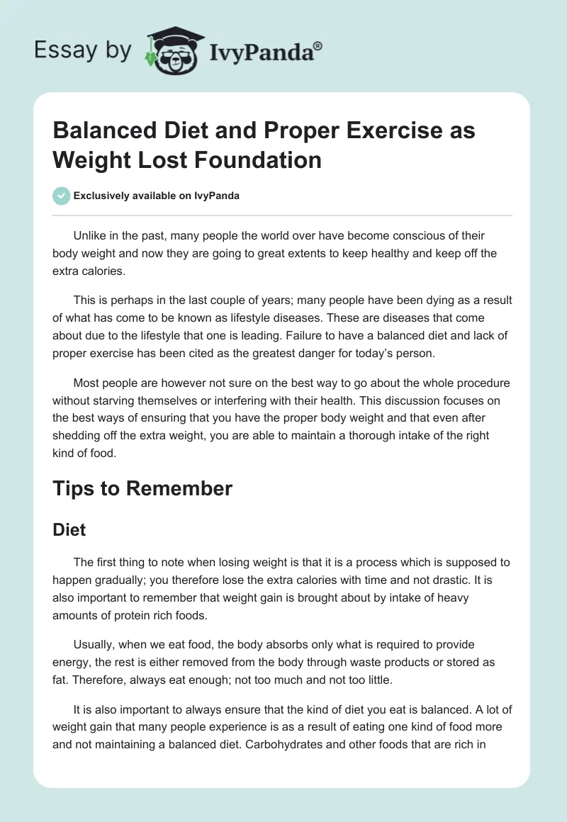 Balanced Diet and Proper Exercise as Weight Lost Foundation. Page 1