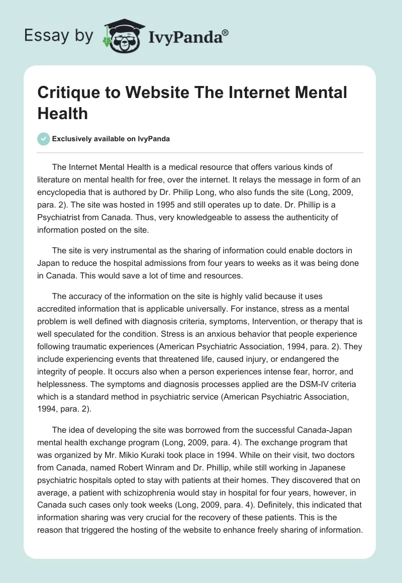 Critique to Website the Internet Mental Health. Page 1