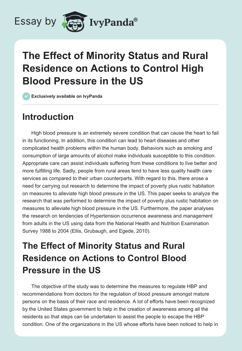 The Effect of Minority Status and Rural Residence on Actions to Control High Blood Pressure in the US. Page 1