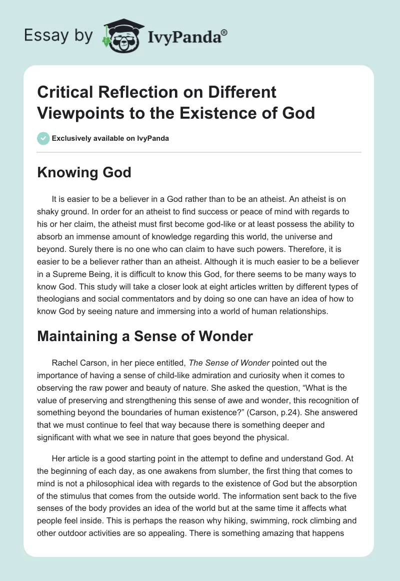 Critical Reflection on Different Viewpoints to the Existence of God. Page 1