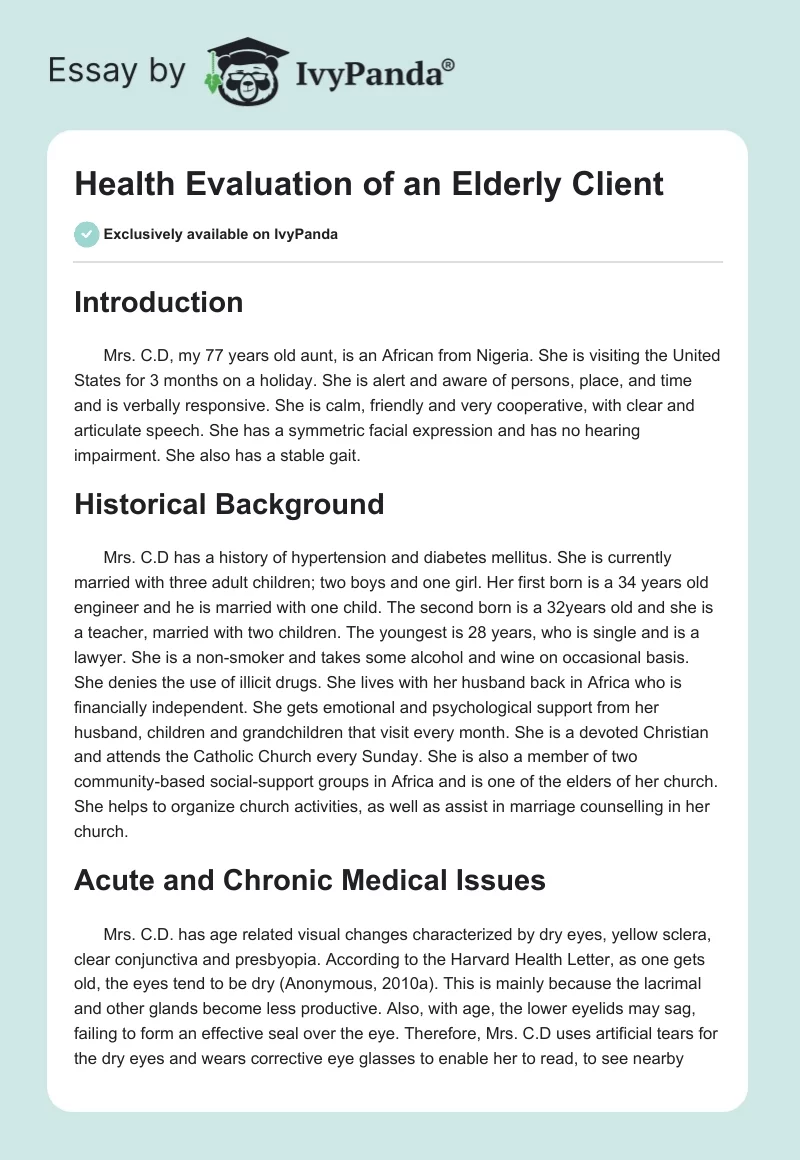Health Evaluation of an Elderly Client. Page 1