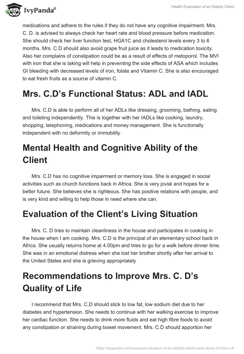 Health Evaluation of an Elderly Client. Page 4