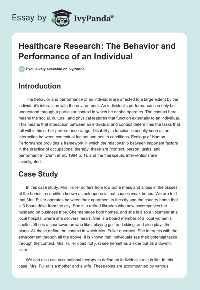 Healthcare Research: The Behavior and Performance of an Individual. Page 1