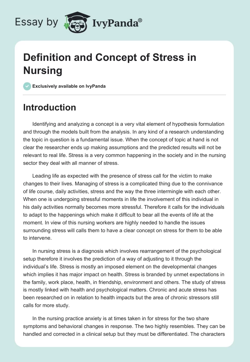 Definition and Concept of Stress in Nursing. Page 1