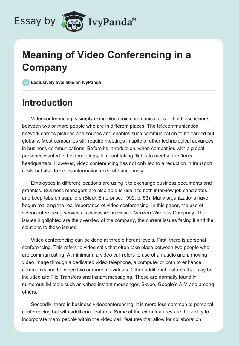Meaning of Video Conferencing in a Company. Page 1